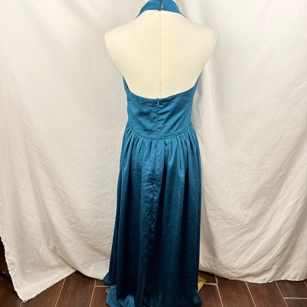 Labera Satin Teal Blue Halter Maxi Dress Plunging Bodice Formal Classic Timeless - Picture 4 of 8